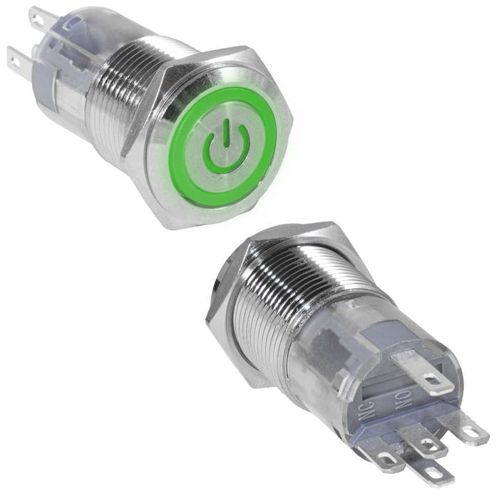 Кнопка антивандальная RUICHI LAS2GQF-11ZET/G/N, ON-ON, рабочая температура -25…+55 °C, никелированная латунь