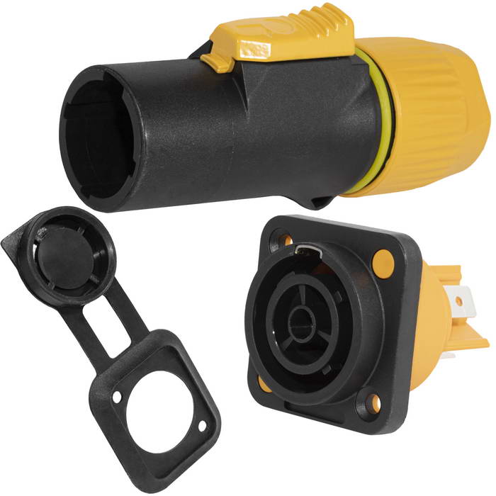 Разъем питания с фиксатором RUICHI NAC3MX-W-R, 3 контакта, 16 А, 250 В, 3 мОм, на панель, крепление корпуса винтовое, корпус PA66, черный/желтый