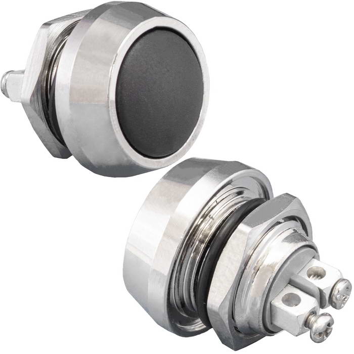 Кнопка антивандальная без подсветки RUICHI GQ12B-10/B/N, 1NO, ОFF-(ON) без фиксации, пос. диаметр 12 мм, контакты 2S, 2 А, 50 мОм, -20...+55 °C, корпус никелированная латунь, кнопка черная