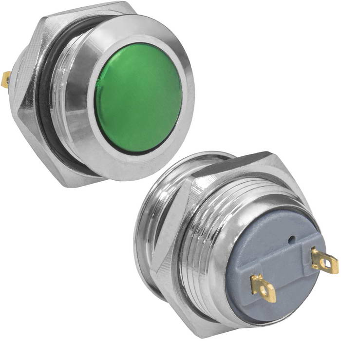 Кнопка антивандальная без подсветки RUICHI GQ16B-10/J/G/N, 1NO, ОFF-(ON) без фиксации, пос. диаметр 16 мм, контакты 2Pin, 2 А, 50 мОм, -20...+55 °C, корпус никелированная латунь, кнопка зеленая