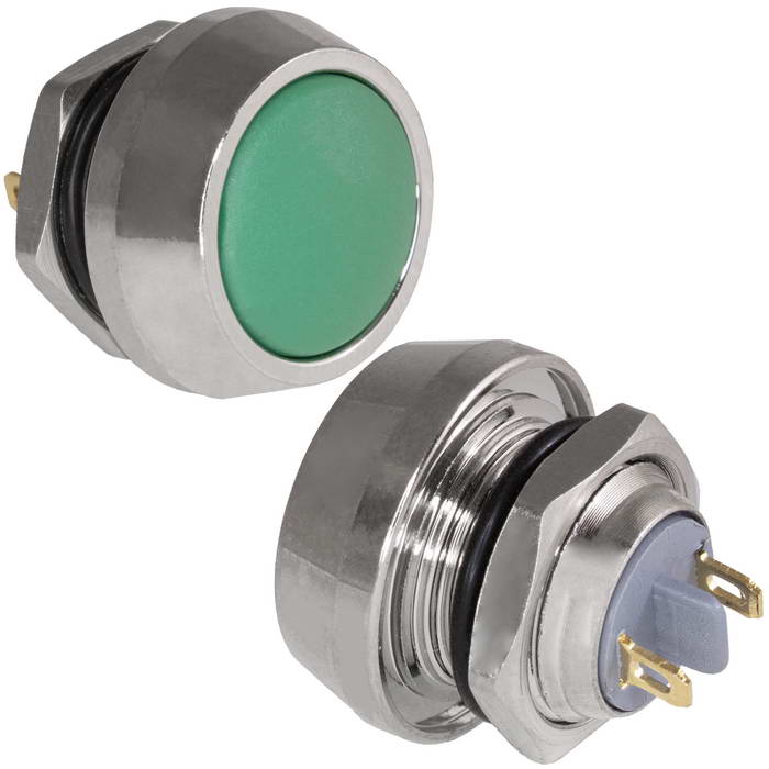 Кнопка антивандальная без подсветки RUICHI GQ12B-10/J/G/N, 1NO, ОFF-(ON) без фиксации, пос. диаметр 12 мм, контакты 2Pin, 2 А, 50 мОм, -20...+55 °C, корпус никелированная латунь, кнопка зеленая