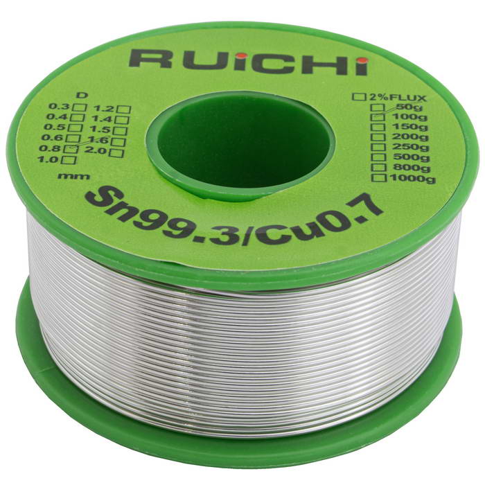 Припой оловянно-медный RUICHI, Sn 99.3%/Cu 0.7%, бессвинцовый,  диаметр 0.8 мм, 100 г, с флюсом
