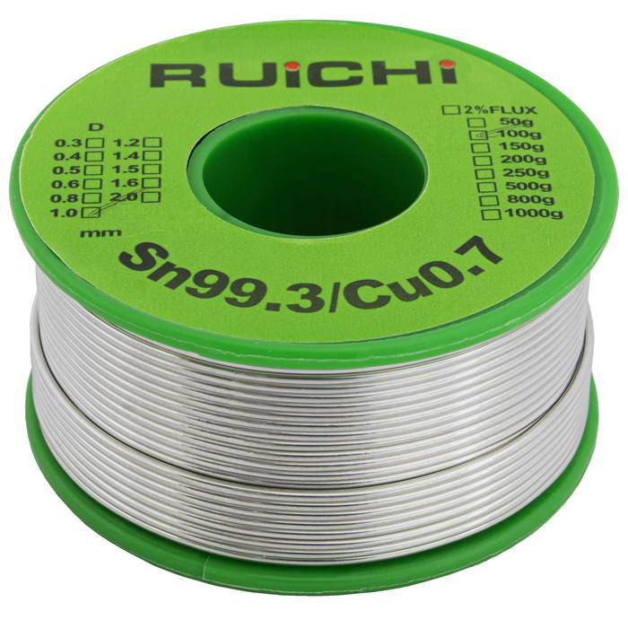 Припой оловянно-медный RUICHI, Sn 99.3%/Cu 0.7%, бессвинцовый,  диаметр 1.0 мм, 100 г, с флюсом