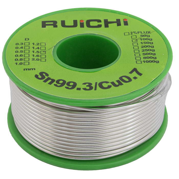 Припой оловянно-медный RUICHI, Sn 99.3%/Cu 0.7%, бессвинцовый,  диаметр 1.5 мм, 100 г, с флюсом