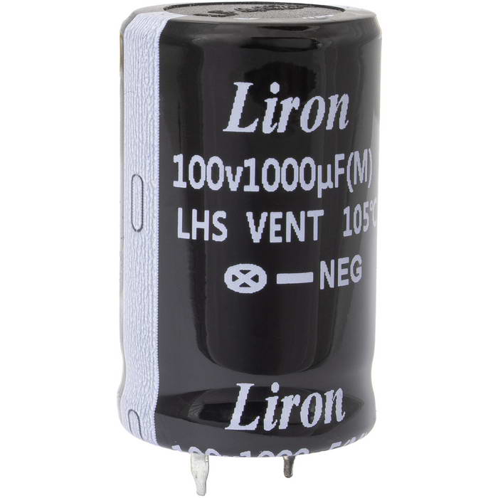 LHS2A102MP035K63B, конденсатор электролитический с жесткими выводами (Snap In) радиальный Liron, 1000 мкФ, 100 В, 22х35    мм, -40…+105 °C, наработка 2000 часов