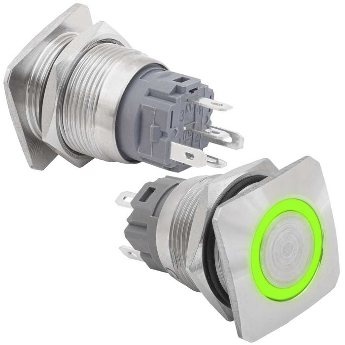 Кнопка антивандальная RUICHI GQ19E-10E/G/N off-(on), рабочая температура -25…+55 °C,       никелированная латунь, зелёная, с квадратной фаской