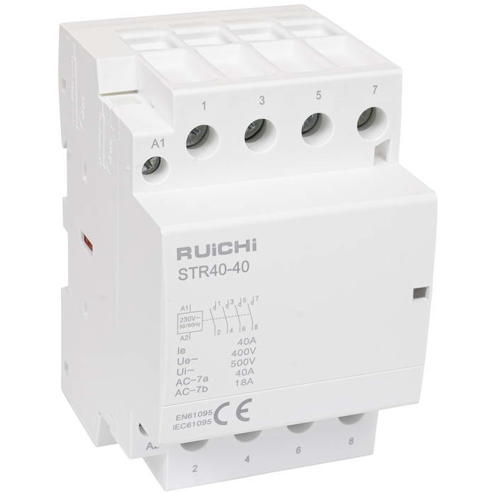 Модульный электронный контактор RUICHI STR40-40 4NO 40А 230В катушка, 500В, AC-7a/AC-   7b, DIN-рейка 35 мм, IP20