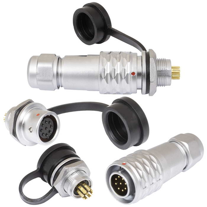 Комплект быстросъемного разъема push-pull кабель-блок RUICHI SR12-12/MF9P, 9-ти контактный, диаметр кабеля  4-6,5 мм, 5 А, IP67, -20…+85°С, корпус хромированная латунь