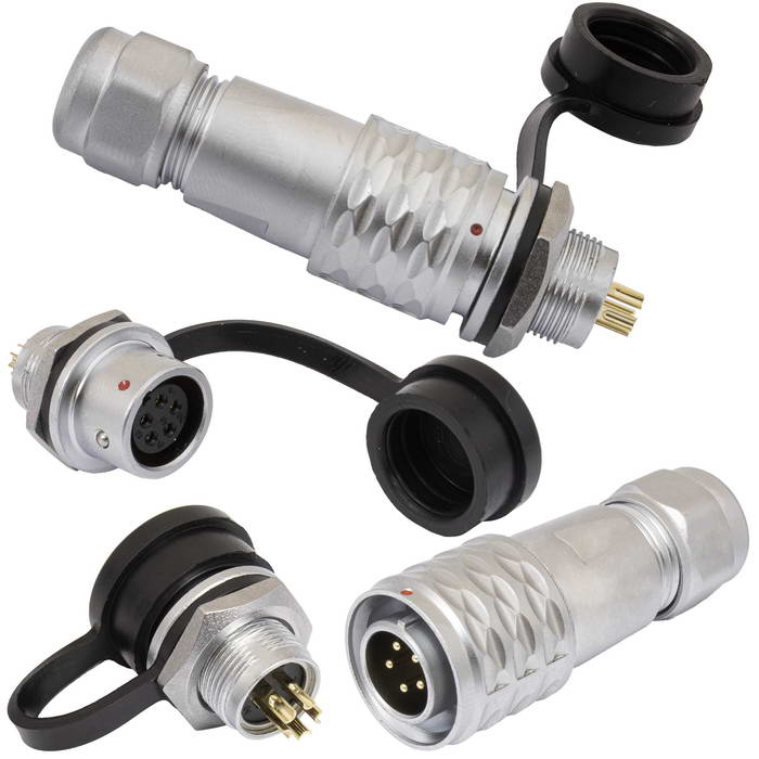 Комплект быстросъемного разъема push-pull кабель-блок RUICHI SR12-12/MF5P, 5-ти контактный, диаметр кабеля   4-6,5 мм, 5 А, IP67, -20…+85°С, корпус хромированная латунь