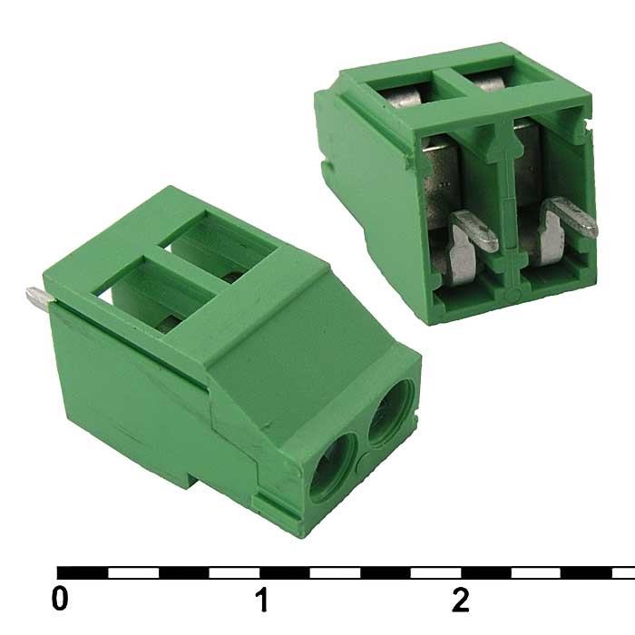 Винтовой модульный клеммный блок RUICHI DG129-5.08-2 ( DG129-5.08-02P / GT129-5.08-02P )  на 2 клеммы M3, шаг 5.08 мм, угловой 45°, 20 А, 24-12 AWG
