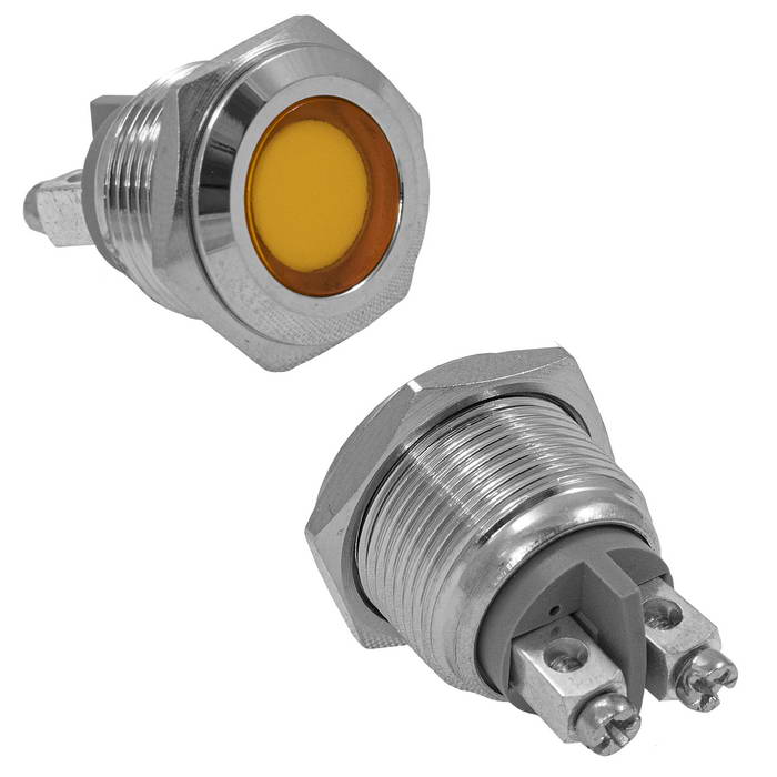 Индикатор антивандальный RUICHI GQ16F-Y, желтый, M16, IP65, никелированная латунь
