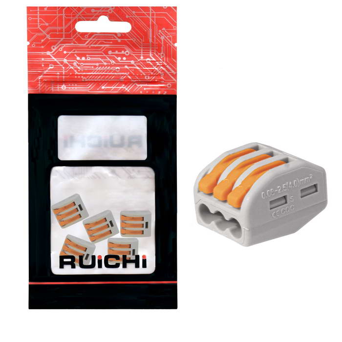 Клемма зажимная соединительная 3-контактная RUICHI 222-413, 32 А, 250 В, PA66, упаковка 5  шт.