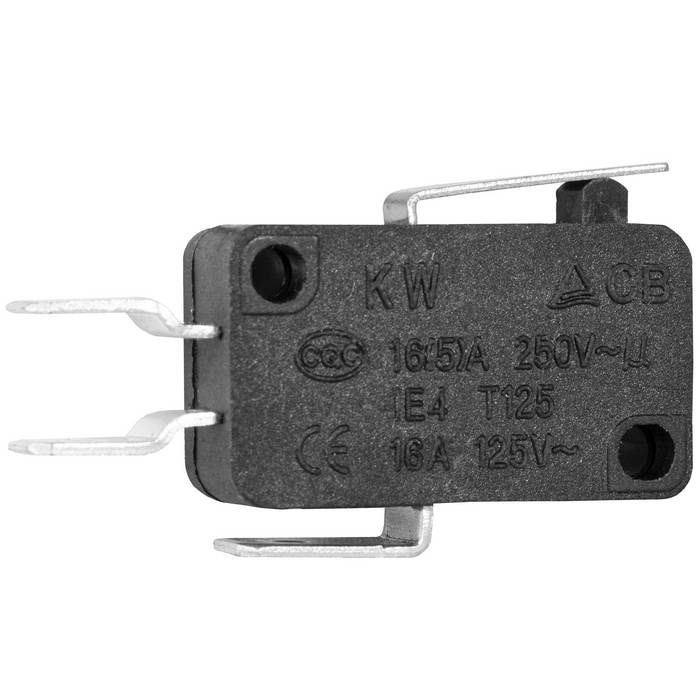 Микропереключатель с укороченной планкой RUICHI KW7-22, 16х10.5х27.8 мм, ON-(ON), SPDT 3P, 250 В, 5 А, 30 мОм, -25...+85 °C