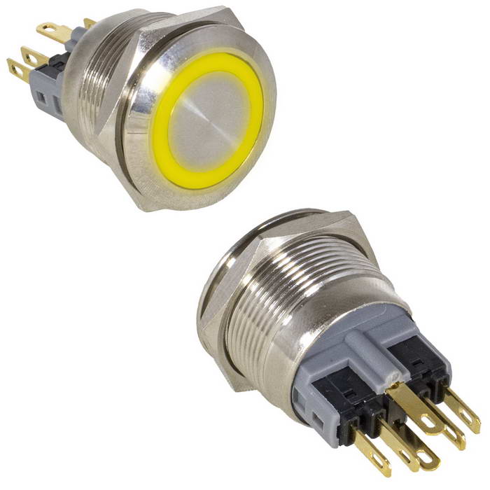 Кнопка антивандальная RUICHI GQ22-11E/Y/N, ON-(OFF)+OFF-(ON), рабочая температура -25…+55 °C, никелированная латунь