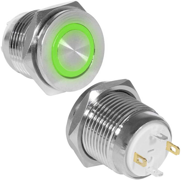Кнопка антивандальная RUICHI GQ16PF-10E/J/G/N, OFF-(ON), рабочая температура -25…+55 °C, никелированная латунь