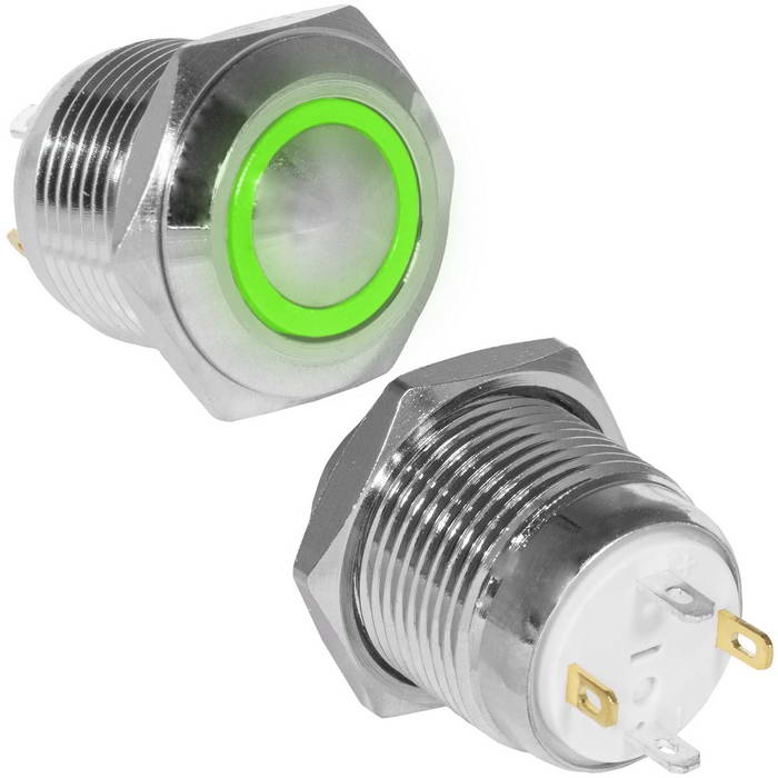 Кнопка антивандальная RUICHI GQ16B-10E/J/G/N, OFF-(ON), рабочая температура -25…+55 °C, никелированная латунь