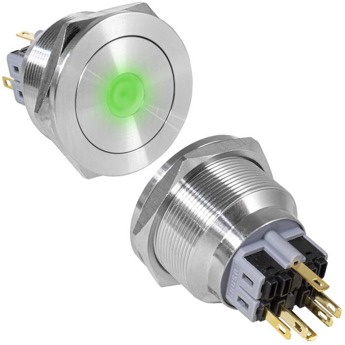 Кнопка антивандальная RUICHI GQ28PF-11ZD/G/N, ON-OFF+OFF-ON, рабочая температура -25…+55 °C, никелированная латунь