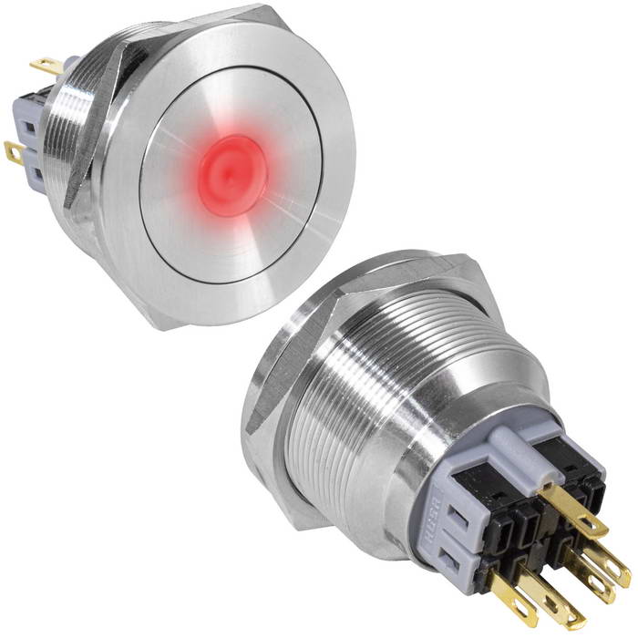Кнопка антивандальная RUICHI GQ30PF-11D/R/N, ON-(OFF)+OFF-(ON), рабочая температура -25…+55 °C, никелированная латунь