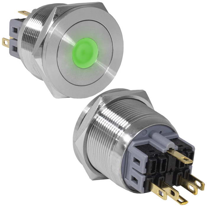 Кнопка антивандальная RUICHI GQ25PF-11D/G/N, ON-(OFF)+OFF-(ON), рабочая температура -25…+55 °C, никелированная латунь
