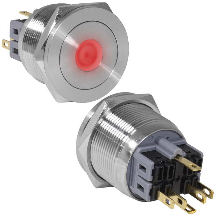 Кнопка антивандальная RUICHI GQ25PF-11D/R/N, ON-(OFF)+OFF-(ON), рабочая температура -25…+55 °C, никелированная латунь