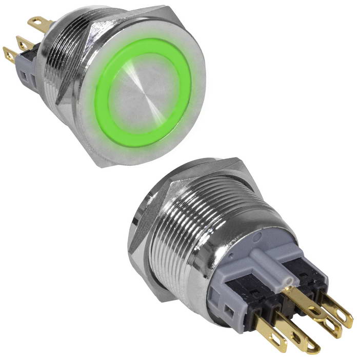 Кнопка антивандальная RUICHI GQ22PF-11E/G/N, ON-(OFF)+OFF-(ON), рабочая температура -25…+55 °C, никелированная латунь