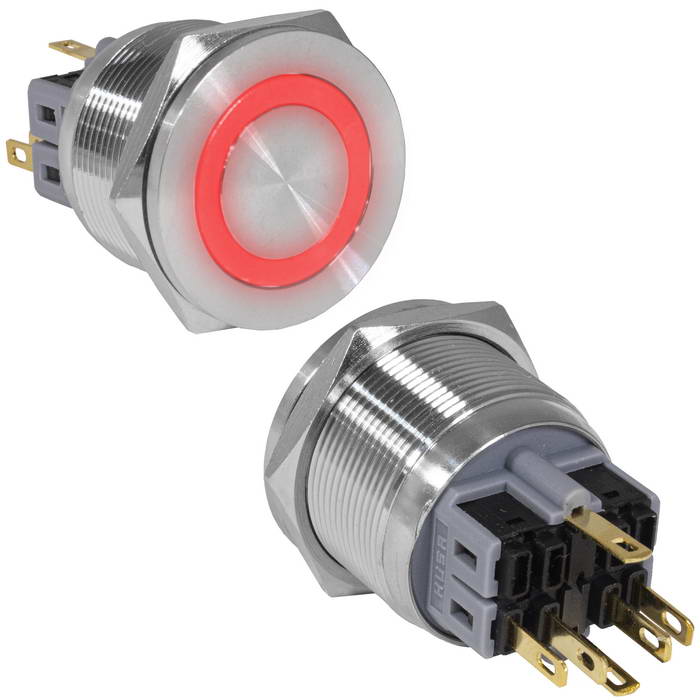 Кнопка антивандальная RUICHI GQ25PF-11E/R/N, ON-(OFF)+OFF-(ON), рабочая температура -25…+55 °C, никелированная латунь