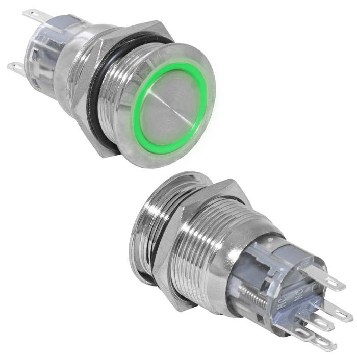 Кнопка антивандальная RUICHI LAS1-AGQ-11E/G/N, ON-(ON), рабочая температура -25…+55 °C, никелированная латунь