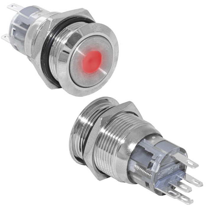 Кнопка антивандальная RUICHI LAS1-AGQ-11D/R/N, ON-(ON), рабочая температура -25…+55 °C, никелированная латунь