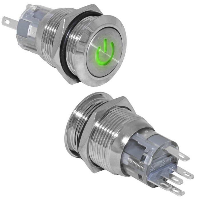 Кнопка антивандальная RUICHI LAS1-AGQ-11DT/G/N, ON-(ON), рабочая температура -25…+55 °C, никелированная латунь