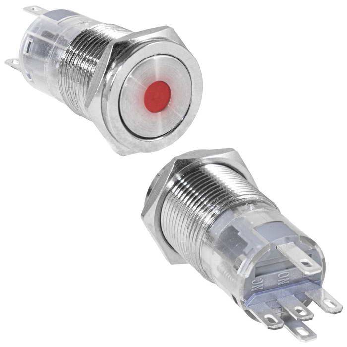Кнопка антивандальная RUICHI LAS2GQPF-11ZD/R/N, ON-ON, рабочая температура -25…+55 °C, никелированная латунь