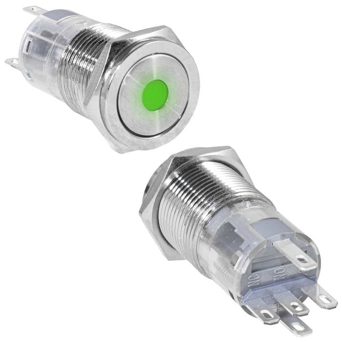 Кнопка антивандальная RUICHI LAS2GQPF-11ZD/G/N, ON-ON, рабочая температура -25…+55 °C, никелированная латунь