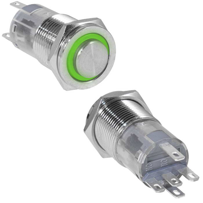 Кнопка антивандальная RUICHI LAS2GQPH-11ZE/G/N, ON-ON, рабочая температура -25…+55 °C, никелированная латунь