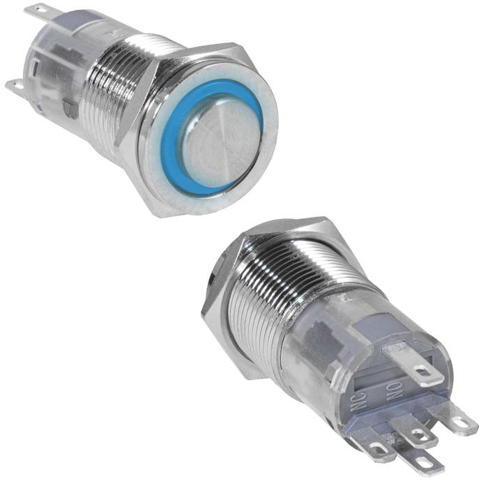 Кнопка антивандальная RUICHI LAS2GQPH-11ZE/B/N, ON-ON, рабочая температура -25…+55 °C, никелированная латунь