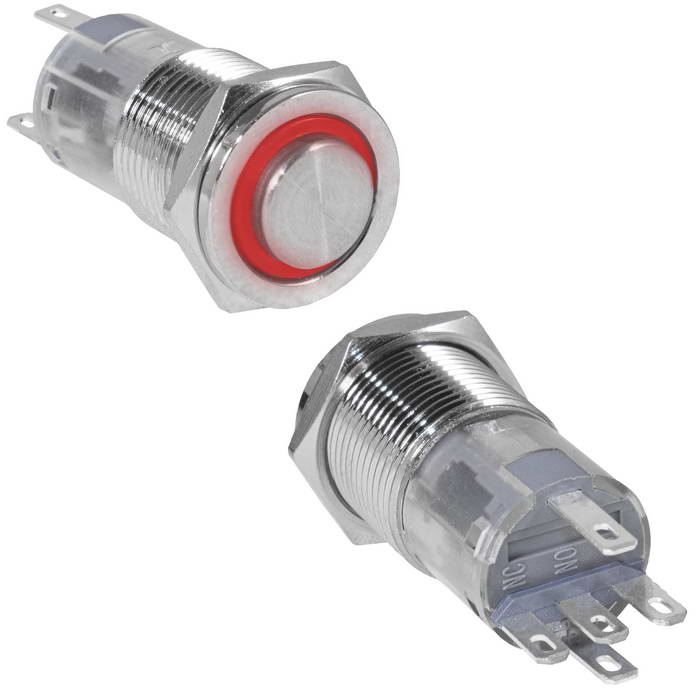 Кнопка антивандальная RUICHI LAS2GQPH-11E/R/N, ON-(ON), рабочая температура -25…+55 °C, никелированная латунь