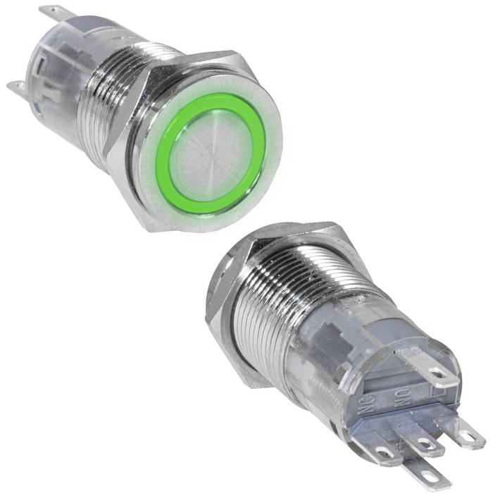 Кнопка антивандальная RUICHI LAS2GQPF-11ZE/G/N, ON-ON, рабочая температура -25…+55 °C, никелированная латунь