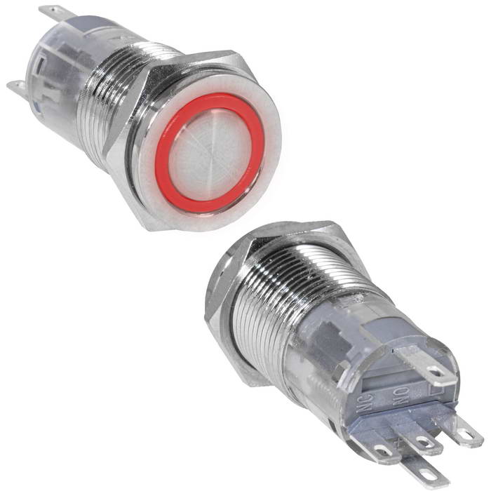 Кнопка антивандальная RUICHI LAS2GQPF-11E/R/N, ON-(ON), рабочая температура -25…+55 °C, никелированная латунь