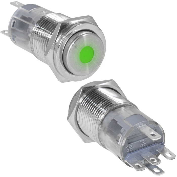 Кнопка антивандальная RUICHI LAS2GQPH-11ZD/G/N, ON-ON, рабочая температура -25…+55 °C, никелированная латунь