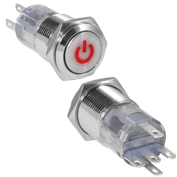 Кнопка антивандальная RUICHI LAS2GQF-11ZDT/R/N, ON-ON, рабочая температура -25…+55 °C, никелированная латунь