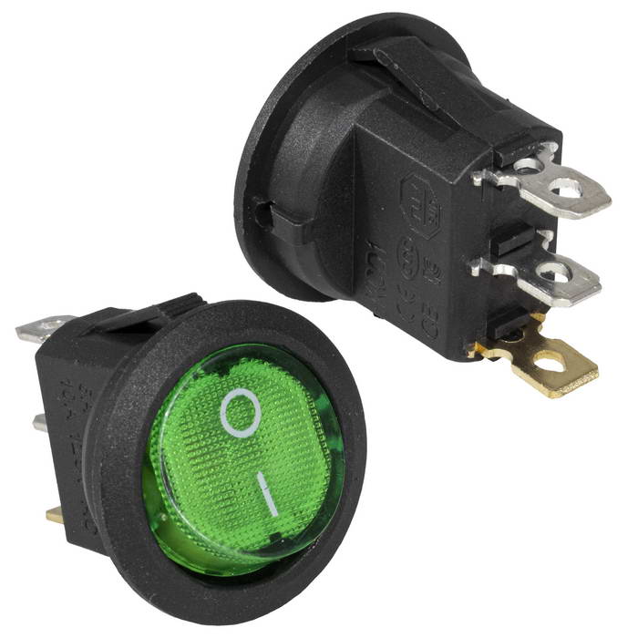 Клавишный переключатель с подсветкой RUICHI KCD1-101N-8-C3-G/3P, ON-OFF, SPST, 3 контакта, 2 А, 250 В, 35 мОм, корпус черный, клавиша зеленая