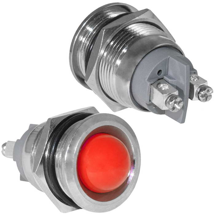 Индикатор антивандальный RUICHI GQ19SR-R, цвет красный, точечный излучатель, 12-24 В, 15 мА, гибкие выводы, никелированная латунь