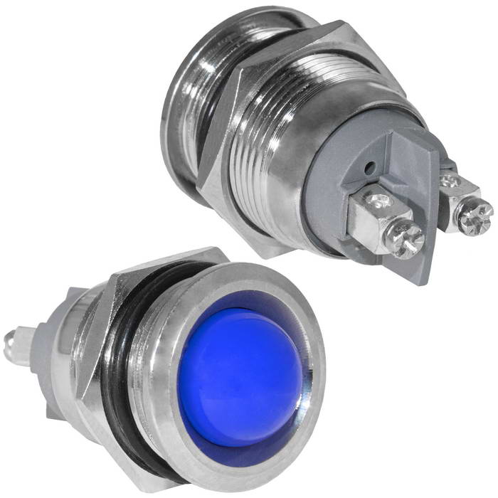 Индикатор антивандальный RUICHI GQ19SR-B, цвет синий, точечный излучатель, 12-24 В, 15 мА, гибкие выводы, никелированная латунь