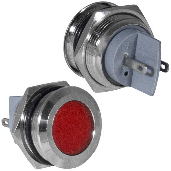 Индикатор антивандальный RUICHI GQ22PF-R, цвет красный, точечный излучатель, 12-24 В, 15 мА, гибкие выводы, никелированная латунь