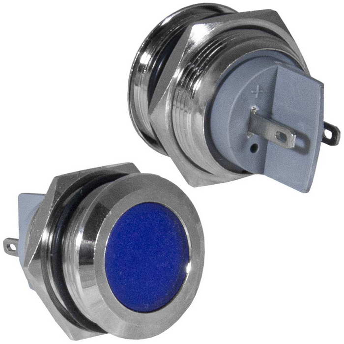 Индикатор антивандальный RUICHI GQ22PF-B, цвет синий, точечный излучатель, 12-24 В, 15 мА, гибкие выводы, никелированная латунь