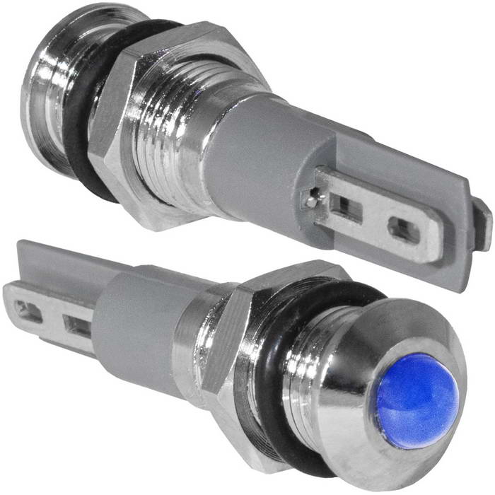 Индикатор антивандальный RUICHI GQ8PR-B, цвет синий, точечный излучатель, 12-24 В, 15 мА, гибкие выводы, никелированная латунь