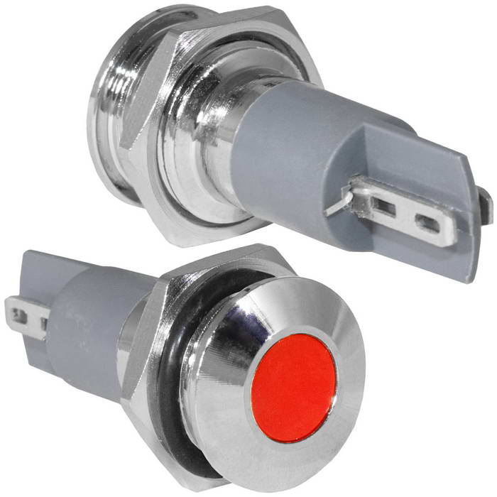 Индикатор антивандальный RUICHI GQ10PF-R, точечный излучатель, 12-24 В, 15 мА, гибкие  выводы, никелированная латунь