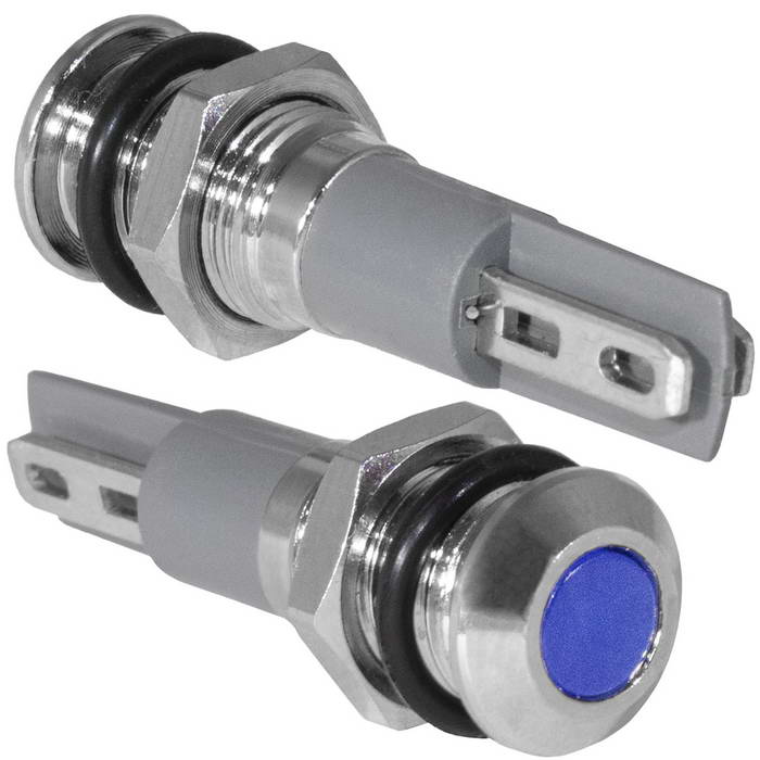 Индикатор антивандальный RUICHI GQ8PF-B, цвет синий, точечный излучатель, 12-24 В, 15 мА, гибкие выводы, никелированная латунь