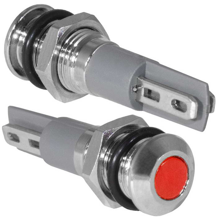 Индикатор антивандальный RUICHI GQ8PF-F, точечный излучатель, 12-24 В, 15 мА, гибкие выводы, никелированная латунь