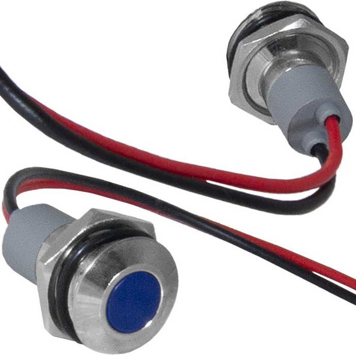 Индикатор антивандальный RUICHI GQ12WF-B, цвет синий, точечный излучатель, 12-24 В, 15 мА, гибкие выводы, никелированная латунь