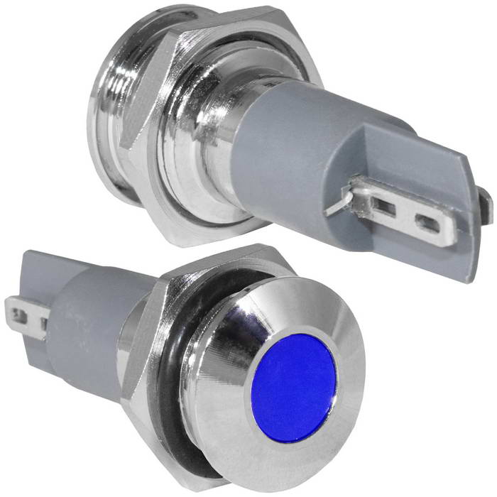 Индикатор антивандальный RUICHI GQ12PF-B, цвет синий, точечный излучатель, 12-24 В, 15 мА, гибкие выводы, никелированная латунь