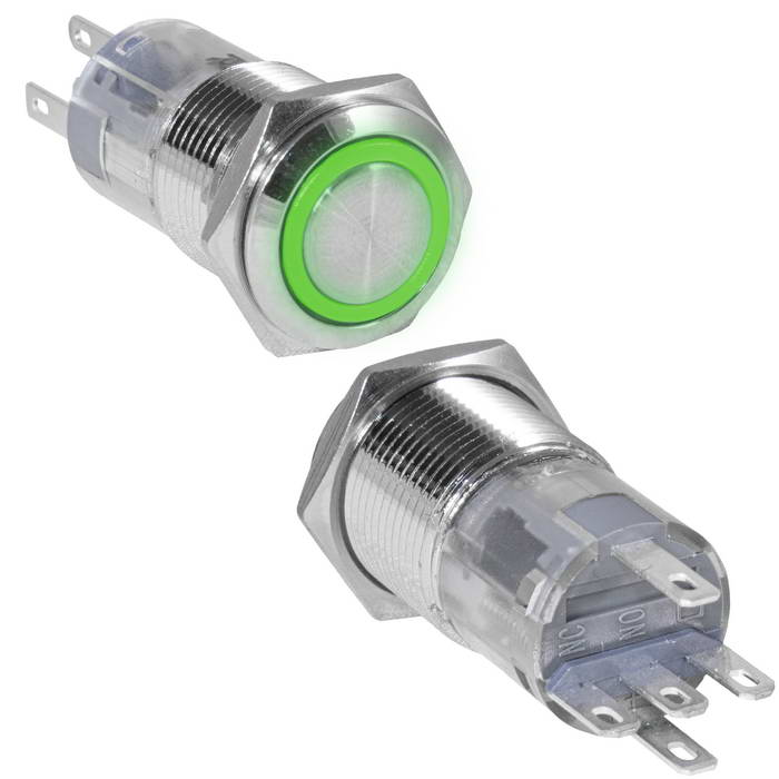 Кнопка антивандальная RUICHI LAS2GQF-11ZE/G/N, ON-ON, рабочая температура -25…+55 °C,   никелированная латунь